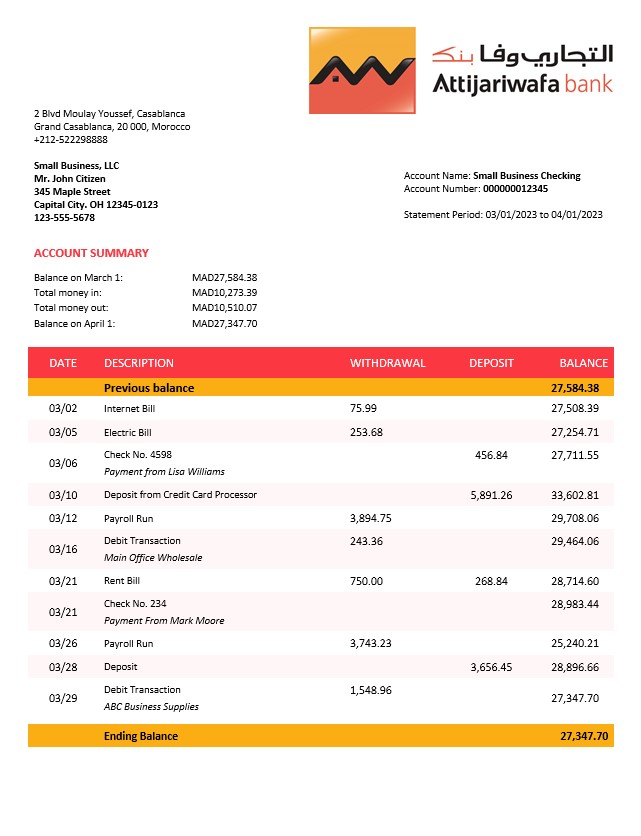 Modèle Word et PDF de relevé d'activité d'Attijariwafa Bank